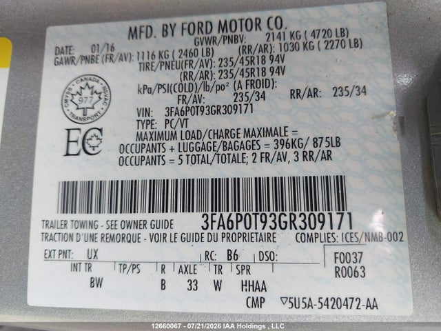 Aukcja sprzedaży 2016 Ford Fusion Se, vin: 3FA6P0T93GR309171, numer aukcji: 12660067