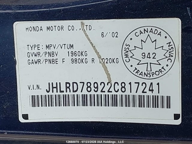2002 Honda Cr-v Ex მანქანა იყიდება აუქციონზე, vin: JHLRD78922C817241, აუქციონის ნომერი: 12660070