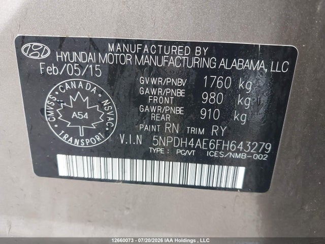 2015 Hyundai Elantra Se/sport/limited მანქანა იყიდება აუქციონზე, vin: 5NPDH4AE6FH643279, აუქციონის ნომერი: 12660073