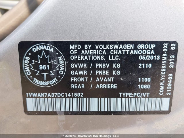 12660074 :رقم المزاد ، 1VWAN7A37DC141592 vin ، 2013 Volkswagen Passat S مزاد بيع