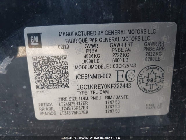 12660076 :رقم المزاد ، 1GC1KREY0KF222443 vin ، 2019 Chevrolet Silverado K2500 Heavy Duty مزاد بيع