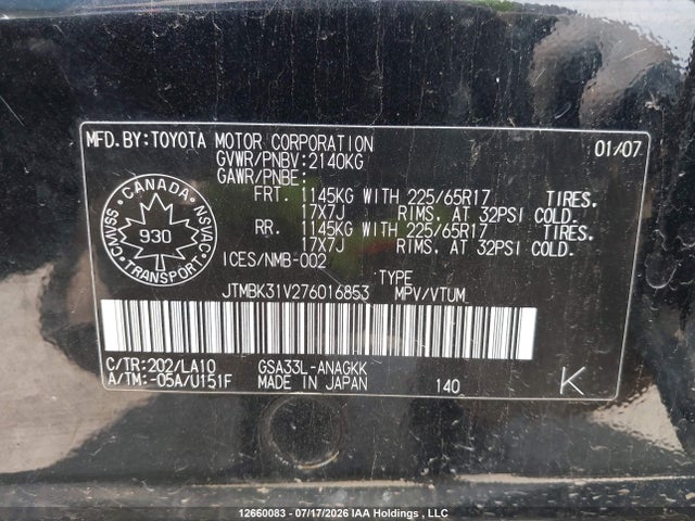Продажа на аукционе авто 2007 Toyota Rav4 Limited, vin: JTMBK31V276016853, номер лота: 12660083