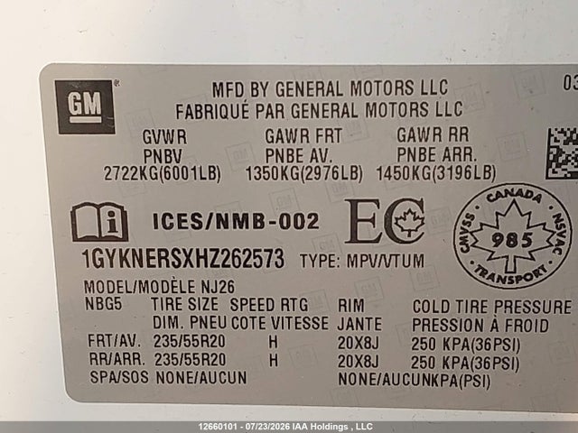 1GYKNERSXHZ262573 Cadillac Xt5 Premium Luxury