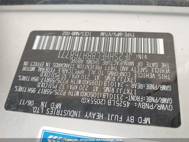 12660104 :رقم المزاد ، JF2SHHEC8BH768771 vin ، 2011 Subaru Forester Limited مزاد بيع
