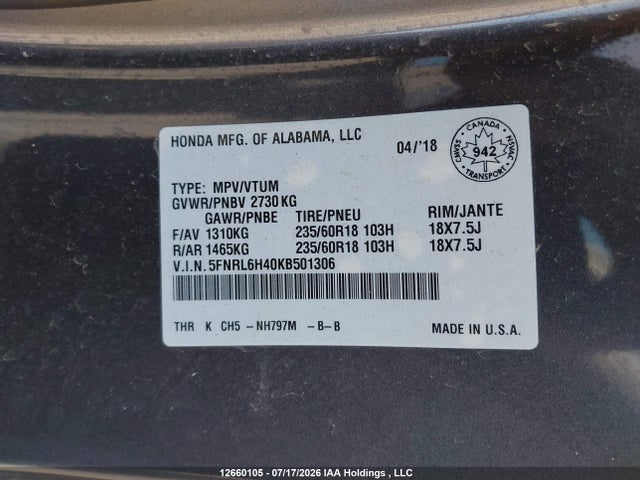 Honda ODYSSEY EX 2019 5FNRL6H40KB501306 Image 9