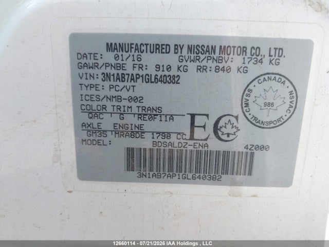 12660114 :رقم المزاد ، 3N1AB7AP1GL640382 vin ، 2016 Nissan Sentra S/sv/sr/sl مزاد بيع