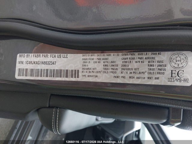 1C4RJKAG1N8632347 Jeep Grand Cherokee L Laredo