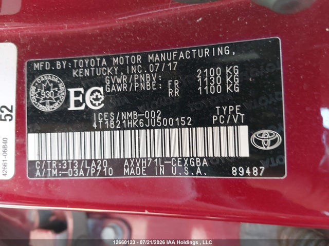 Продажа на аукционе авто 2018 Toyota Camry Hybrid Xle, vin: 4T1B21HK6JU500152, номер лота: 12660123