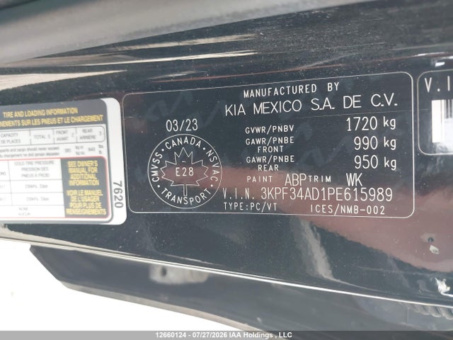 12660124 :رقم المزاد ، 3KPF34AD1PE615989 vin ، 2023 Kia Forte Ex/ex+/ex Premium مزاد بيع