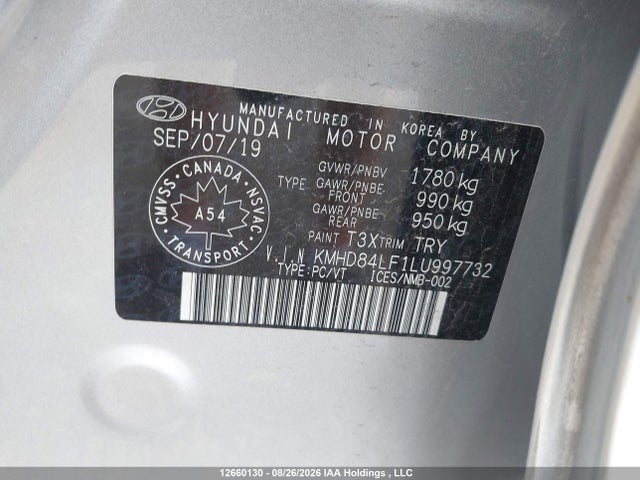 12660130 :رقم المزاد ، KMHD84LF1LU997732 vin ، 2020 Hyundai Elantra Preferred Auto Ivt مزاد بيع