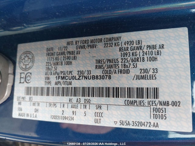 Продажа на аукционе авто 2022 Ford Escape Titanium, vin: 1FMCU0LZ7NUB83078, номер лота: 12660138