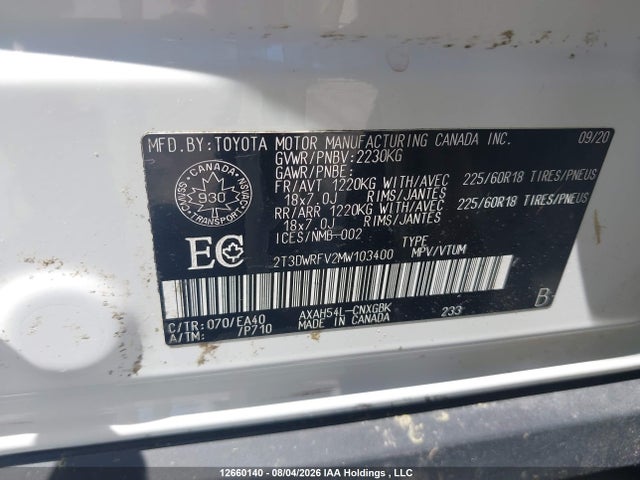 12660140 :رقم المزاد ، 2T3DWRFV2MW103400 vin ، 2021 Toyota Rav4 Hybrid Limited مزاد بيع