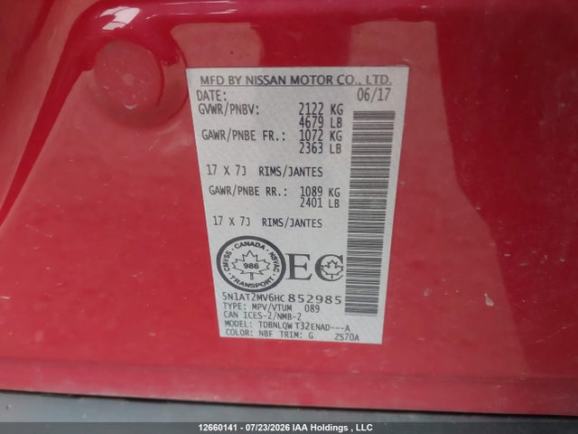 12660141 :رقم المزاد ، 5N1AT2MV6HC852985 vin ، 2017 Nissan Rogue S/sl Platinum/sv مزاد بيع