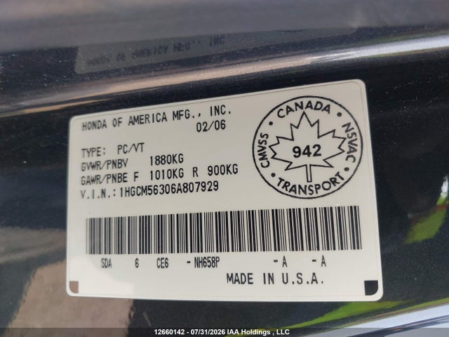 12660142 :رقم المزاد ، 1HGCM56306A807929 vin ، 2006 Honda Accord Se مزاد بيع