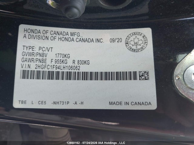 12660162 :رقم المزاد ، 2HGFC1F94LH106062 vin ، 2020 Honda Civic Touring مزاد بيع