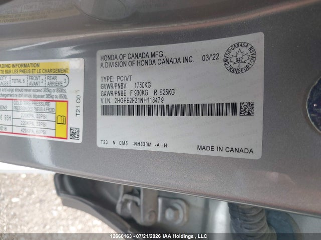 Продаж на аукціоні авто 2022 Honda Civic Lx, vin: 2HGFE2F21NH118479, номер лоту: 12660163