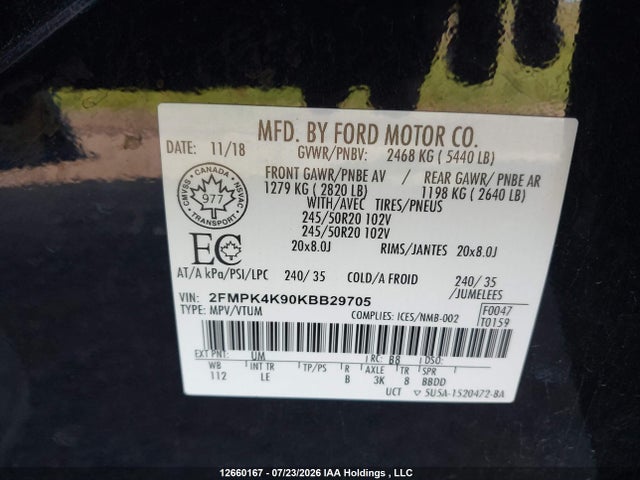 Aukcja sprzedaży 2019 Ford Edge Titanium, vin: 2FMPK4K90KBB29705, numer aukcji: 12660167