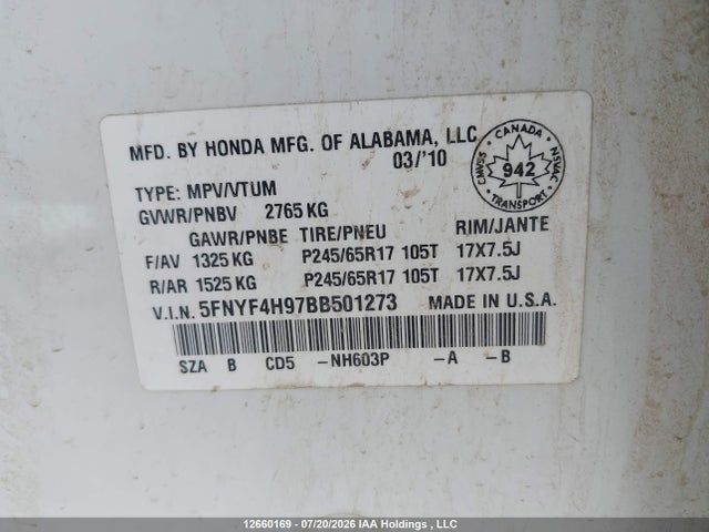 Продажа на аукционе авто 2011 Honda Pilot Touring, vin: 5FNYF4H97BB501273, номер лота: 12660169