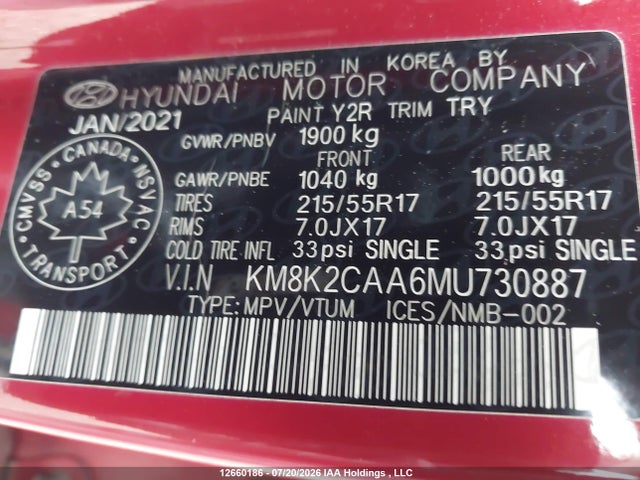 Aukcja sprzedaży 2021 Hyundai Kona Sel, vin: KM8K2CAA6MU730887, numer aukcji: 12660186