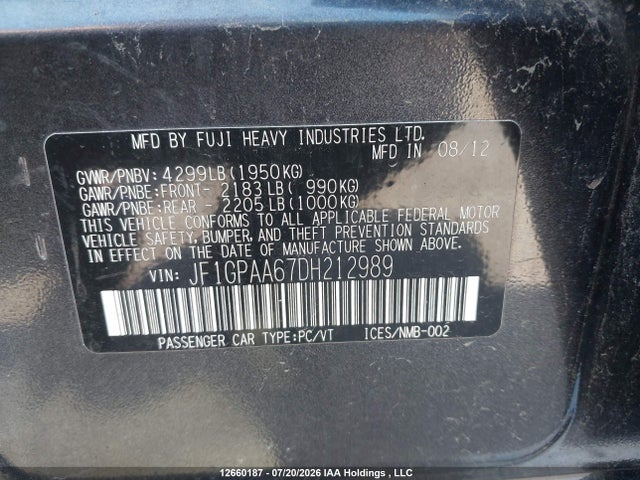 12660187 :رقم المزاد ، JF1GPAA67DH212989 vin ، 2013 Subaru Impreza 2.0i مزاد بيع