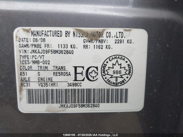 12660195 :رقم المزاد ، JNKAJ09F58M362840 vin ، 2008 Infiniti Ex35 Journey مزاد بيع