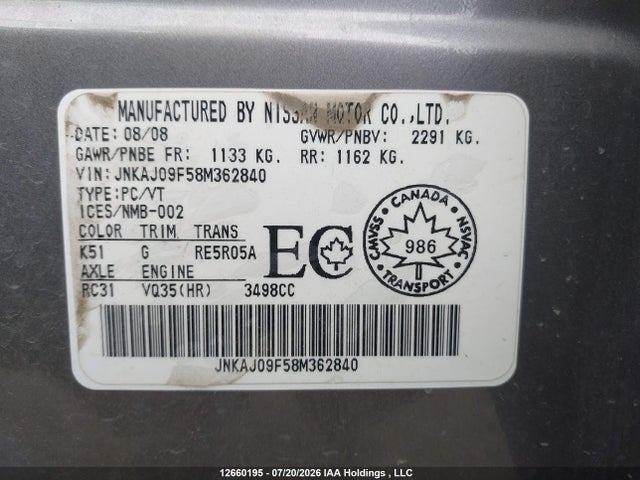 12660195 :رقم المزاد ، JNKAJ09F58M362840 vin ، 2008 Infiniti Ex35 Journey مزاد بيع