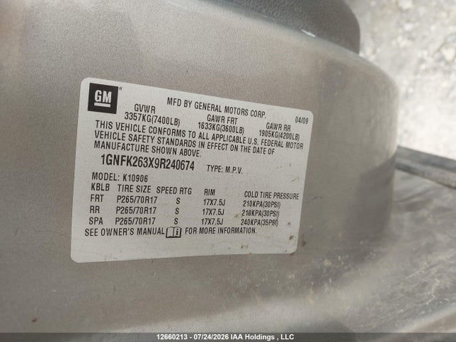 Продаж на аукціоні авто 2009 Chevrolet Suburban K1500 Lt, vin: 1GNFK263X9R240674, номер лоту: 12660213