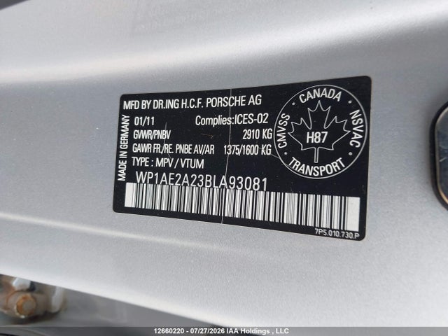 12660220 :رقم المزاد ، WP1AE2A23BLA93081 vin ، 2011 Porsche Cayenne S Hybrid مزاد بيع