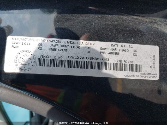 Продажа на аукционе авто 2011 Volkswagen Jetta 2.5l Highline, vin: 3VWLX7AJ7BM351641, номер лота: 12660221