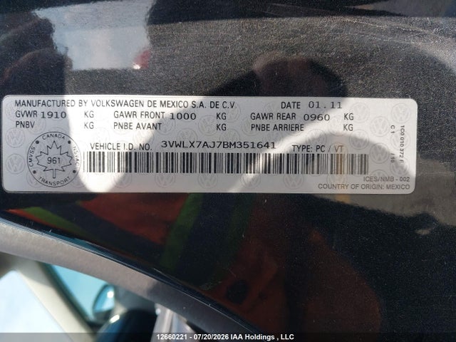 Продажа на аукционе авто 2011 Volkswagen Jetta 2.5l Highline, vin: 3VWLX7AJ7BM351641, номер лота: 12660221