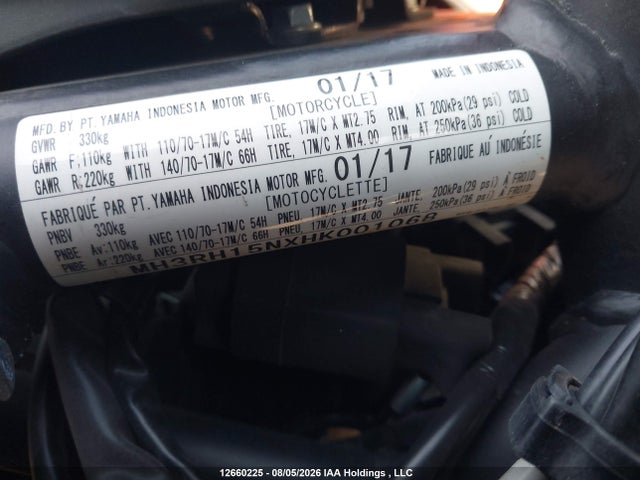 Продажа на аукционе авто 2017 Yamaha Yzfr3 A, vin: MH3RH15NXHK001068, номер лота: 12660225