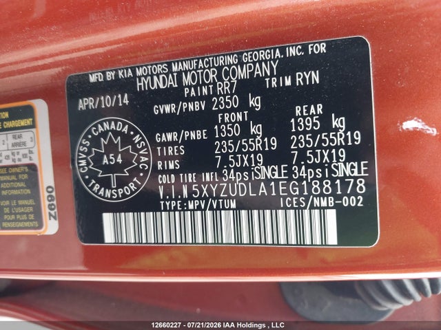 5XYZUDLA1EG188178 Hyundai Santa Fe Sport 2.0t Se