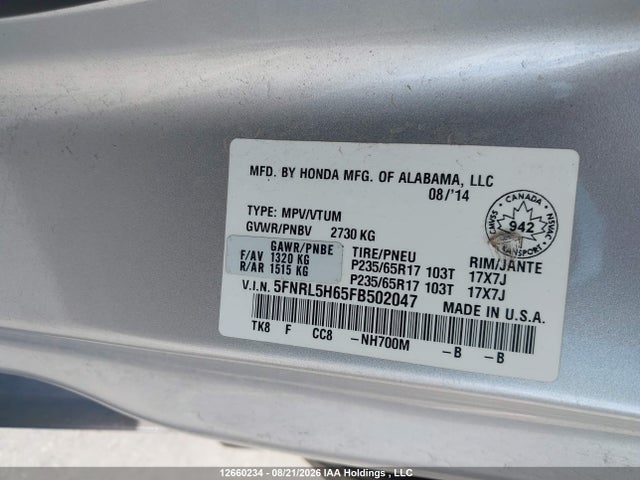 Honda Odyssey 2015 5FNRL5H65FB502047 Image 9