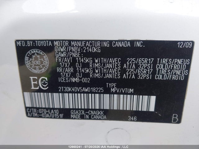 Aukcja sprzedaży 2010 Toyota Rav4 Limited, vin: 2T3DK4DV5AW018225, numer aukcji: 12660241