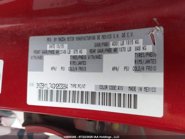 12660245 :رقم المزاد ، 3MZBM1L74GM263284 vin ، 2016 Mazda Mazda3 Gs مزاد بيع