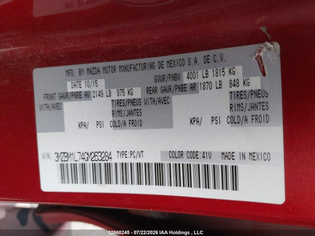 12660245 :رقم المزاد ، 3MZBM1L74GM263284 vin ، 2016 Mazda Mazda3 Gs مزاد بيع