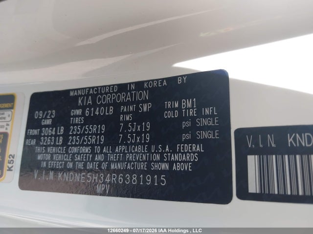 2024 Kia Carnival Mpv Sx Prestige მანქანა იყიდება აუქციონზე, vin: KNDNE5H34R6381915, აუქციონის ნომერი: 12660249