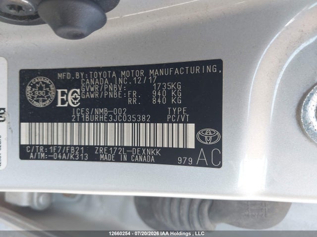 Aukcja sprzedaży 2018 Toyota Corolla L/le/xle/se/xse, vin: 2T1BURHE3JC035382, numer aukcji: 12660254