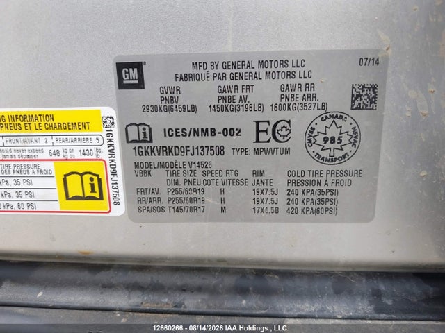 12660266 :رقم المزاد ، 1GKKVRKD9FJ137508 vin ، 2015 Gmc Acadia Slt-1 مزاد بيع