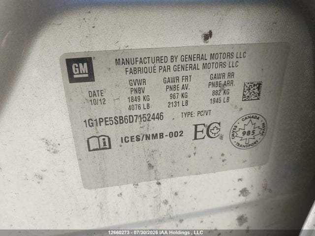 Продаж на аукціоні авто 2013 Chevrolet Cruze, vin: 1G1PE5SB6D7152446, номер лоту: 12660273
