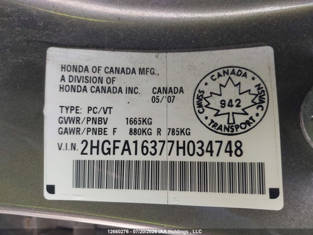 Продаж на аукціоні авто 2007 Honda Civic Dx-g, vin: 2HGFA16377H034748, номер лоту: 12660276