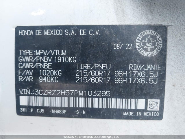 2023 Honda Hr-v მანქანა იყიდება აუქციონზე, vin: 3CZRZ2H57PM103295, აუქციონის ნომერი: 12660277