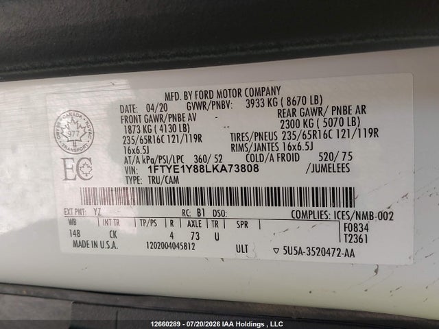 12660289 :رقم المزاد ، 1FTYE1Y88LKA73808 vin ، 2020 Ford Transit T-150 مزاد بيع
