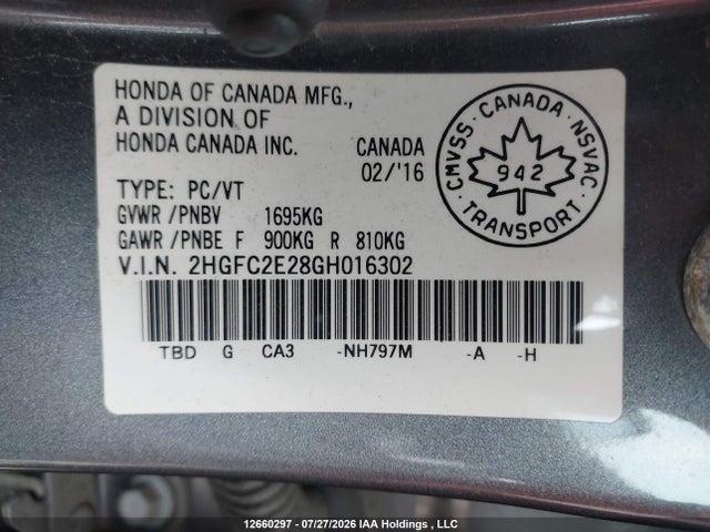Aukcja sprzedaży 2016 Honda Civic Dx, vin: 2HGFC2E28GH016302, numer aukcji: 12660297