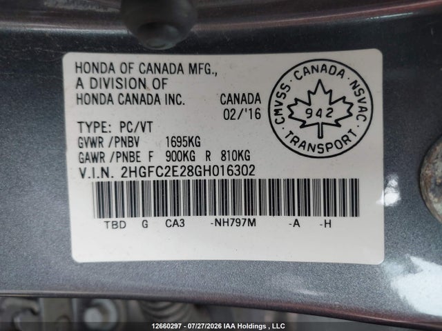 Aukcja sprzedaży 2016 Honda Civic Dx, vin: 2HGFC2E28GH016302, numer aukcji: 12660297