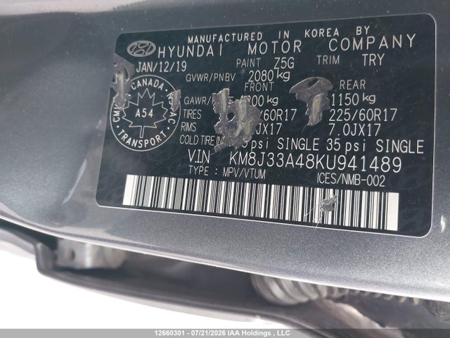 Aukcja sprzedaży 2019 Hyundai Tucson Preferred, vin: KM8J33A48KU941489, numer aukcji: 12660301