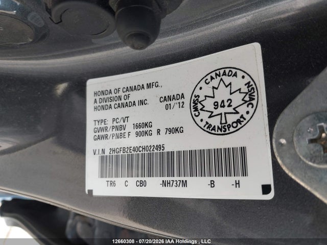 Auction sale of the 2012 Honda Civic Lx, vin: 2HGFB2E40CH022495, lot number: 12660308