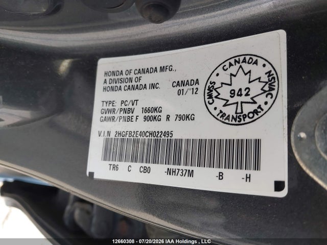 Auction sale of the 2012 Honda Civic Lx, vin: 2HGFB2E40CH022495, lot number: 12660308