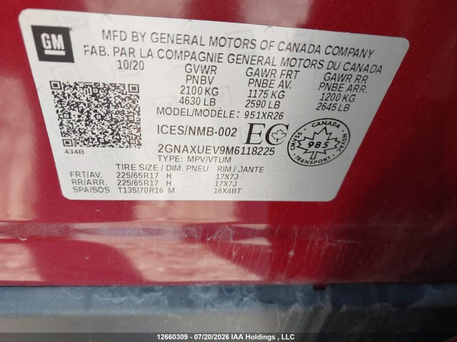 2021 Chevrolet Equinox Lt მანქანა იყიდება აუქციონზე, vin: 2GNAXUEV9M6118225, აუქციონის ნომერი: 12660309