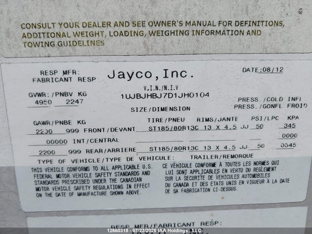 12660318 :رقم المزاد ، 1UJBJHBJ7D1JH0104 vin ، 2013 Jayco  مزاد بيع